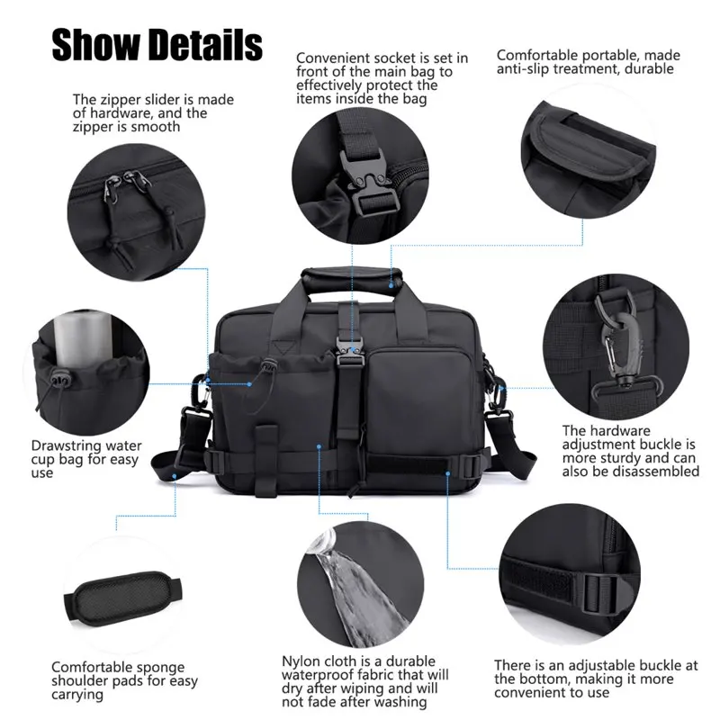 Mens Large Capacity Nylon Messenger Bag Sling Bag Portable Bag for School Sport Black