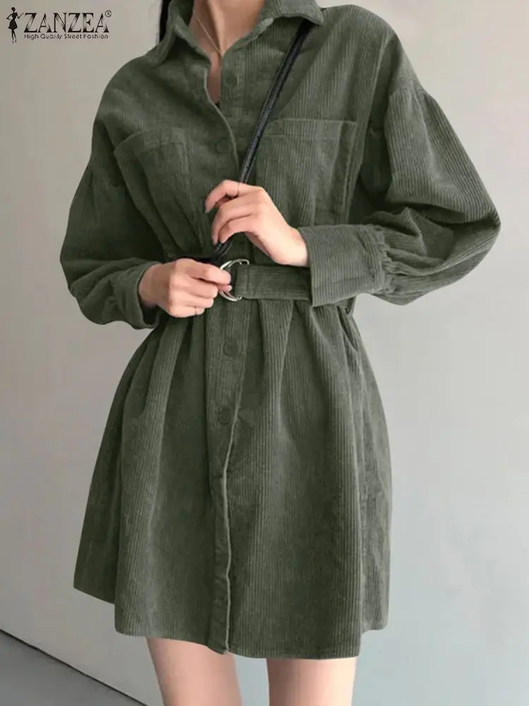 

Платье ZANZEA женское с поясом, винтажный Вельветовый Мини-халат с длинным рукавом-фонариком, модный короткий халат с карманами и лацканами, осень 2023