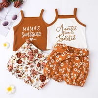 infant baby girls clothing two piece casual set thin spaghetti straps ribbed lettering camisole elastic waist bow floral shorts