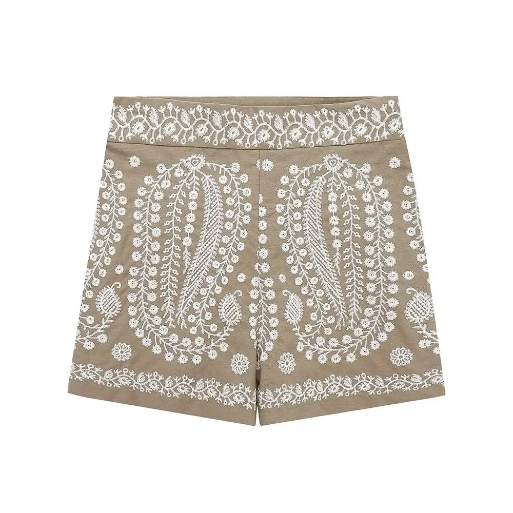 Dave&Di Moroccan Bohemia Retro Hollow Casual Summer Embroidery  Shorts High Waist Cotton Bermuda Shorts Women