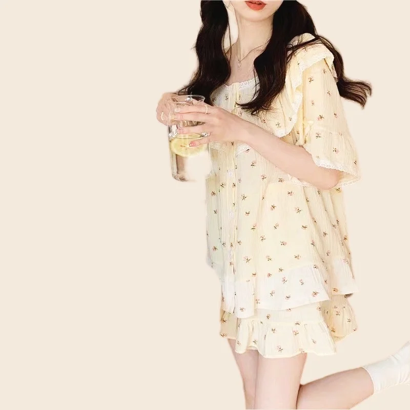 Pajamas Set Women Summer Short Sleeve T-shirt Shorts 2Piece/Set Summer Sweet Plaid Pyjama Big Size Homewear Cozy Sleepwear