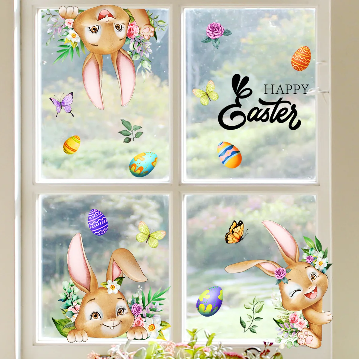 

1set Happy Easter Window Stickers Cartoon Smile Rabbit Easter Eggs Flowers Butterfly Glass Sticker Spring Easter Decoration 2024
