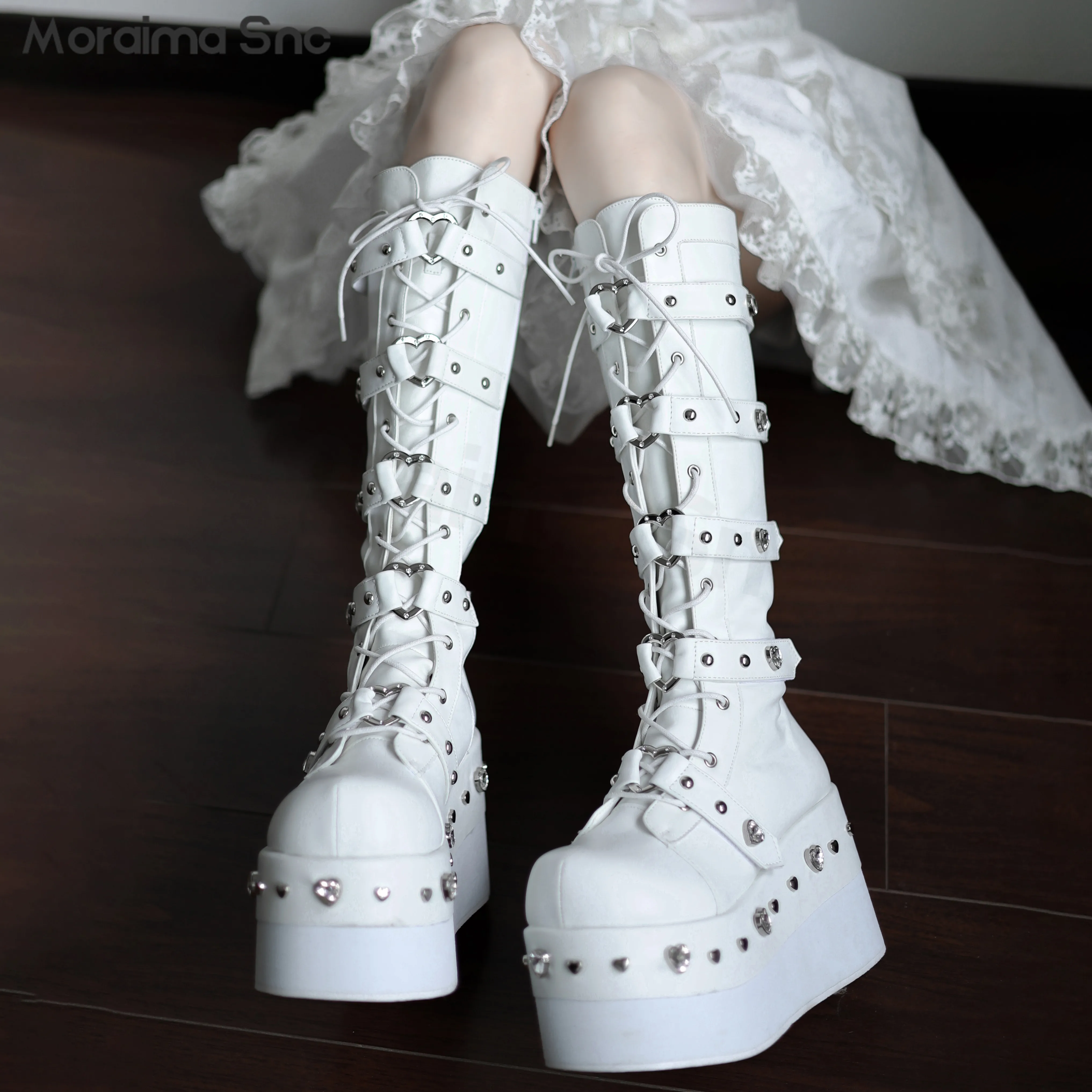 Y2K Love Rhinestone Thick-Soled Mid-Tube Boots Black White Heightened Thick-Soled Round Head Belt Buckle Gothic Women's Boots