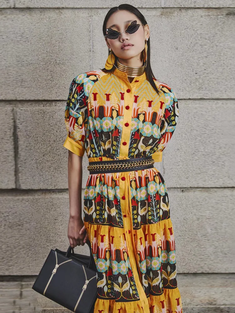 

Fashion New Women's Summer Vintage High Quality Elegant Designer Print Midi Dress High Street Celebrity Casual Party Dresses