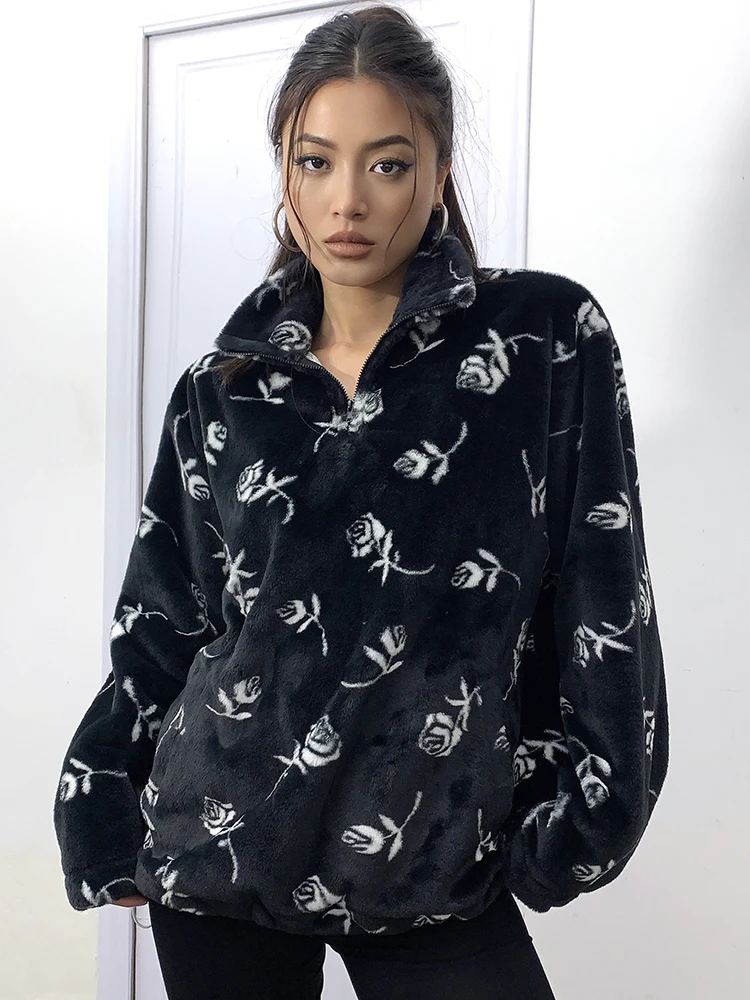 WieYao 2022 Winter Fluffy Faux Fur Coats For Women Floral Print Zip Up Stand Collar Full Sleeve Oversized Pullover Sweatshirts