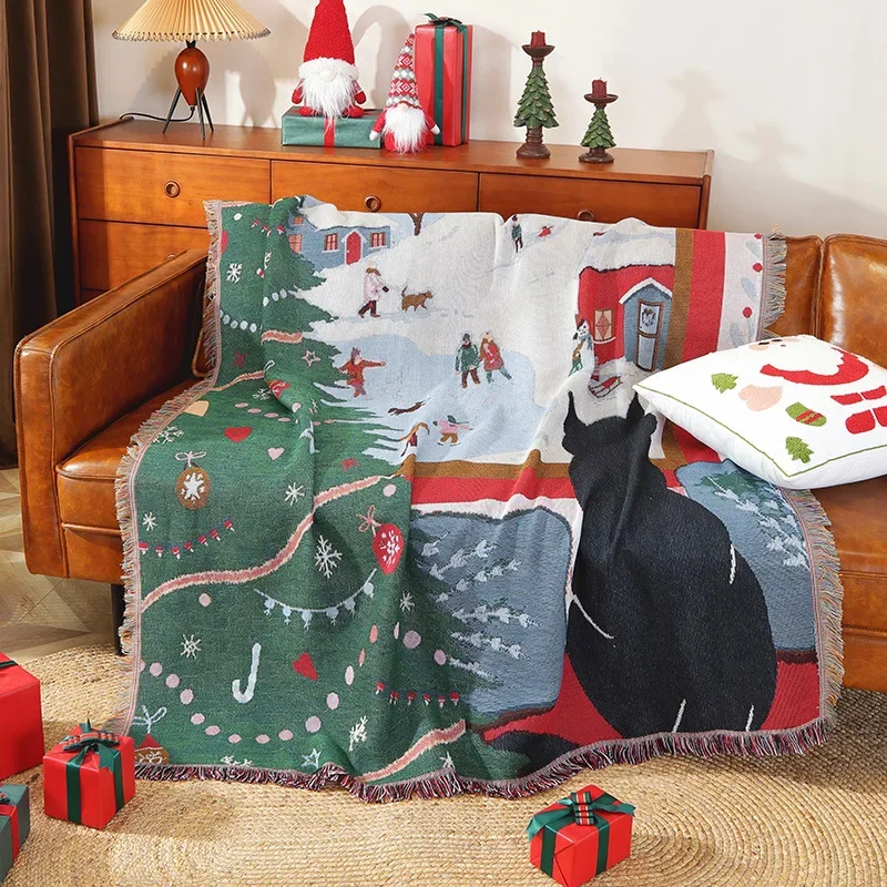 Рождественский домашний декор черный кот с домиком одеяло бахромой