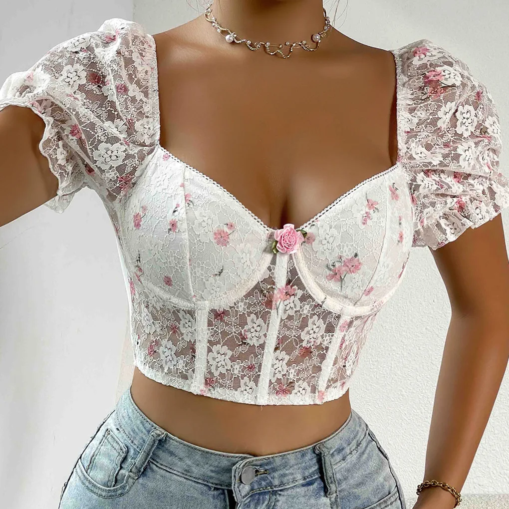 

Pink Blue Colors Aesthetic Clothes Women Low-Cut Lace Stitching Short-Sleeved Top Steel Ring Fishbone Aesthetic Clothes Female