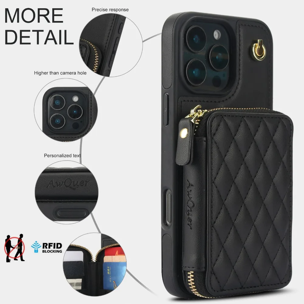 Leather Phone Case for IPhone 16 15 14 Plus 13 12 11 Pro Max XS X 7 8 Crossbody Wrist Strap Zipper Wallet with Card Holder Cover