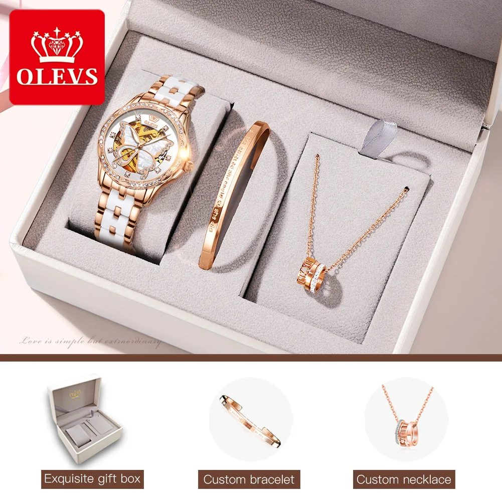 OLEVS Luxury Mechanical Women Watch Butterfly Design Ladies Watch Ceramic Strap Brand Bracelet Necklace Watch Three-piece Gift enlarge