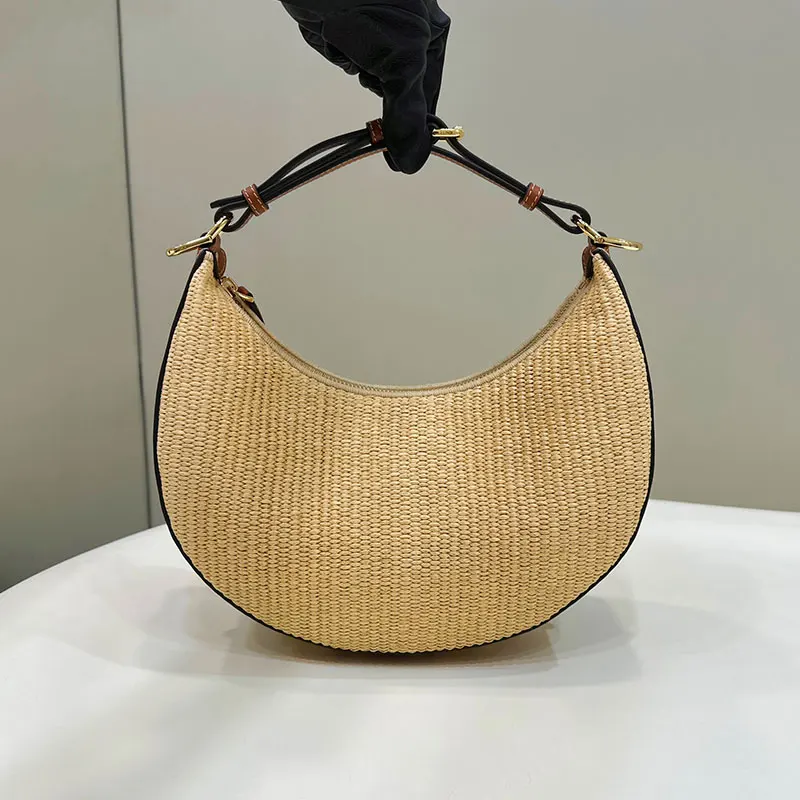 

Straw Woven Tote Bag Fashion Design Half Moon Handbag Travel Beach Bags Summer 2023 Women Underarm Shoulder Portable Send Chain