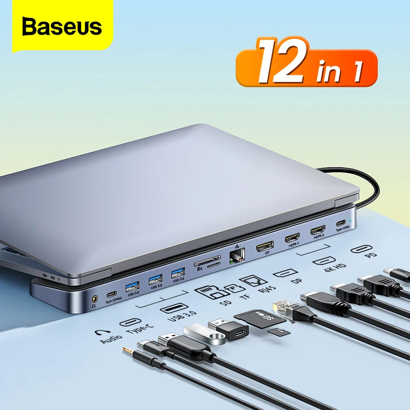 BASEUS 12 в 1 Type C HUB to 4K HDMI-совместимый DP RJ45 3,5 мм разъем SD TF карта USB 3,0 адаптер для Macbook ноутбука док-станция