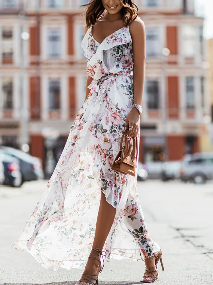 

Women Solid V Neck Ruffle Sling Irregular Dress Elegant Waist Lace-up Party Slit Dresses New Summer Fashion Loose Chiffon Dress