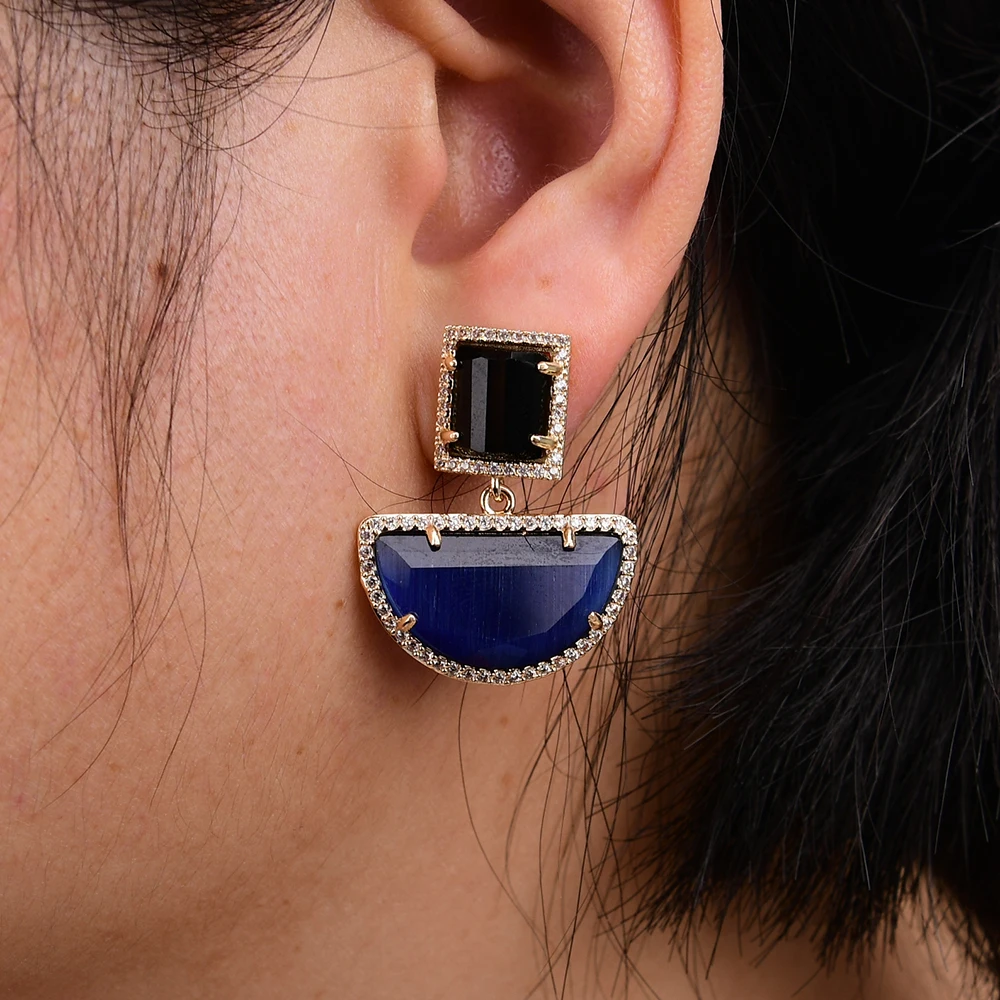 Висячие серьги-гвоздики с золотым покрытием чёрные синие кошачий глаз