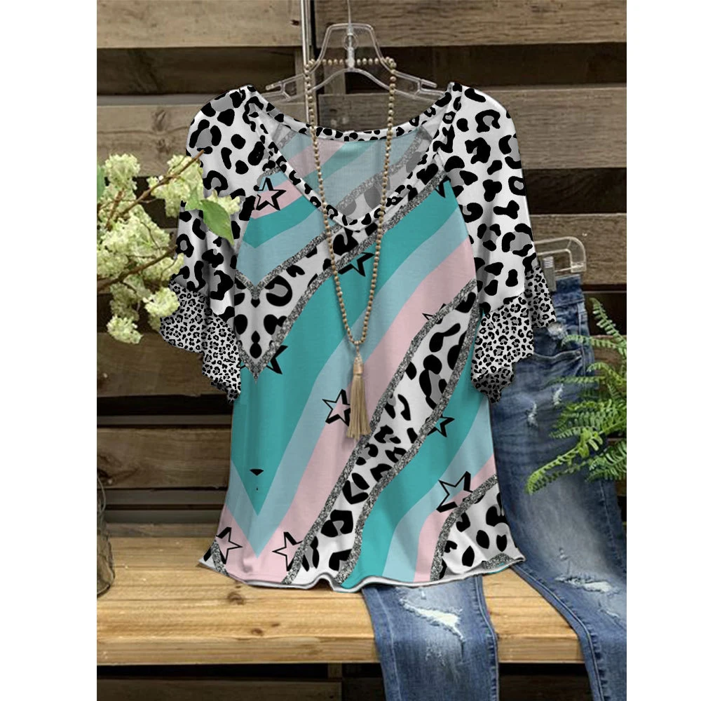 

Women Top 3D T-Shirt Loose Ruffle V-Neck Leopard Print Printed Short Sleeve Casual T-Shirt Summer Streetwear
