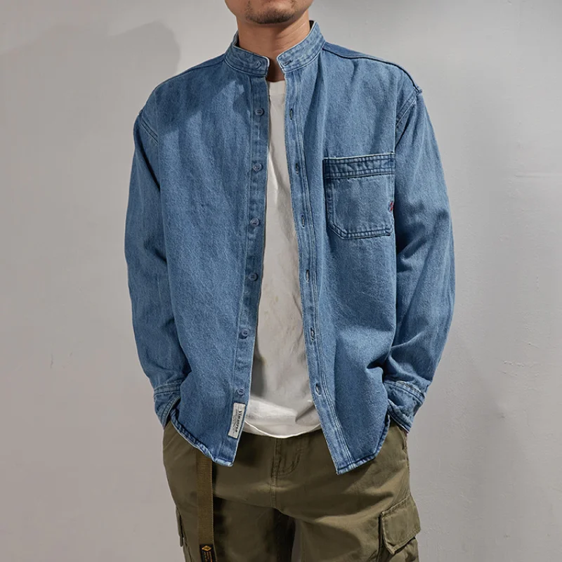 

Мужская джинсовая рубашка с воротником в стиле ретро, потертая ностальгическая синяя хлопковая Тяжелая осенне-зимняя рубашка с воротником, мужская куртка