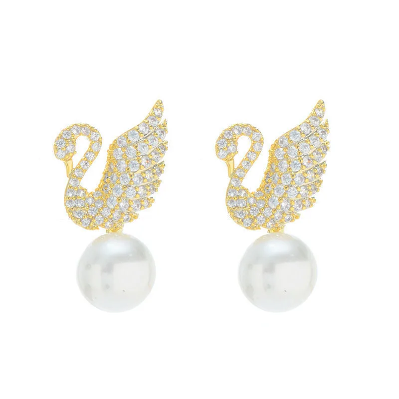 Exquisite Swan Pearl Earrings For Women Gold Elegant Prevent Allergy Metal Studs Fashion 2023 Trend Ladies Jewelry Accessories