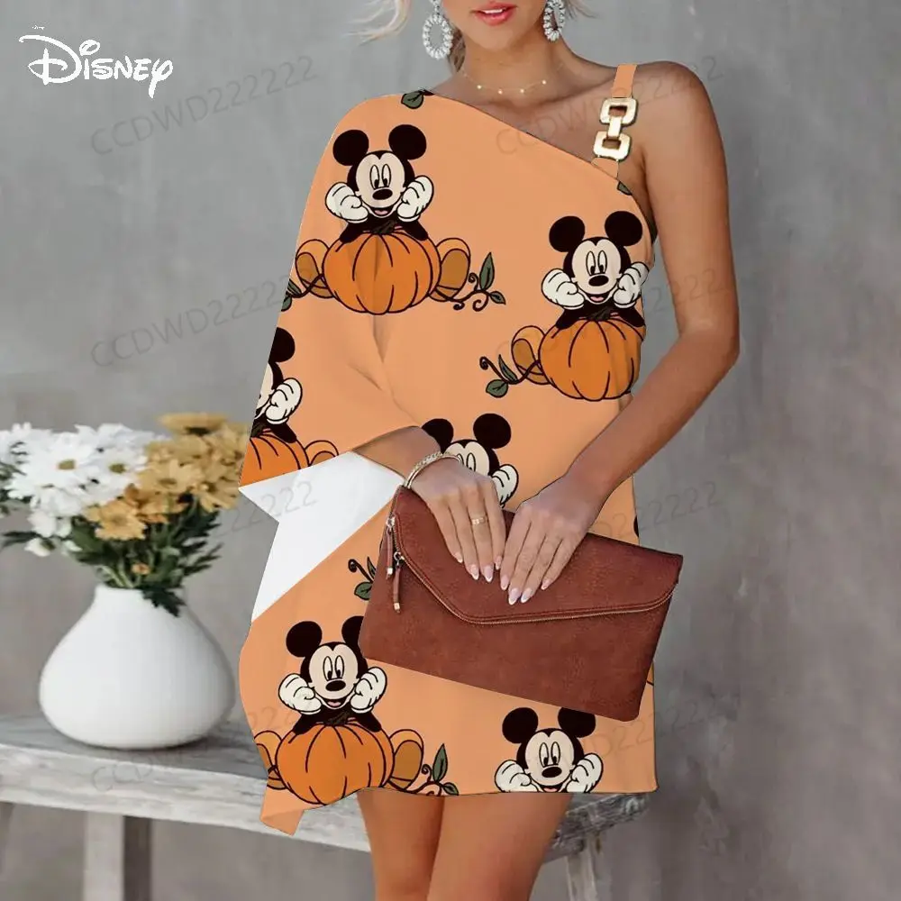 One-Shoulder Mickey Elegant Dresses for Women Diagonal Collar Dress Disney Minnie Mouse Evening Party Luxury Prom 2023 Sexy Mini