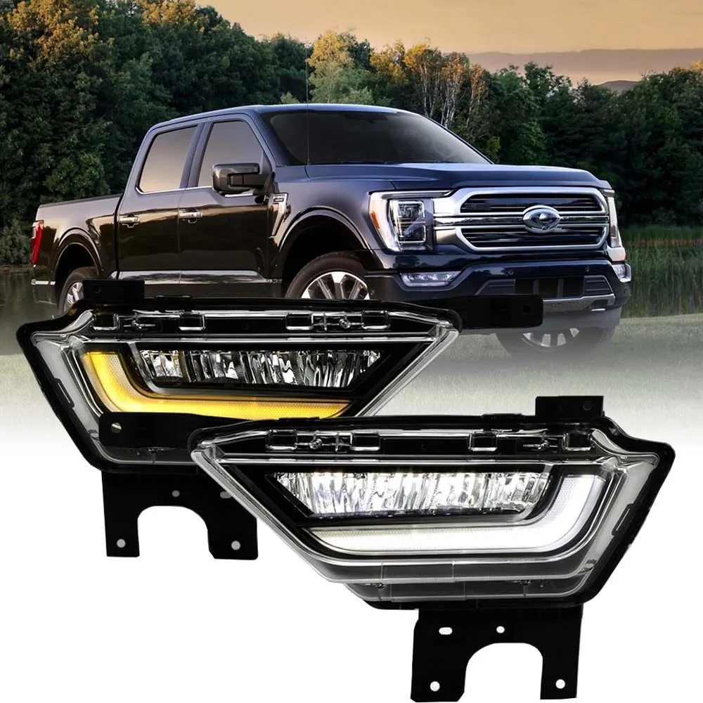 

Пара передних светодиодных противотуманных фар с указателем поворота, белые DRL для Ford F-150 2021 2022, автомобильный бампер, противотуманные фары, дневные ходовые огни