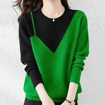 Fashion O-Neck Knitted Spliced Korean Sweater Women's Clothing 2022 Autumn New Oversized Casual Pullovers All-match Commute Tops 1