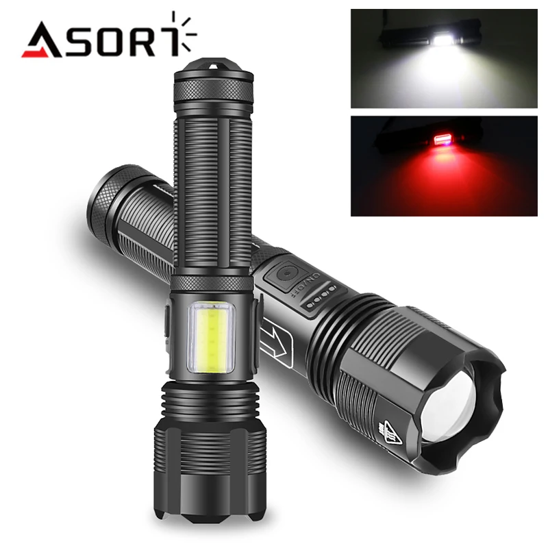High Power LED Flashlight With COB Side USB Rechargeable Lantern Ultra Bright Lamp Zoom Tactical Torch Camping Fishing Outdoor