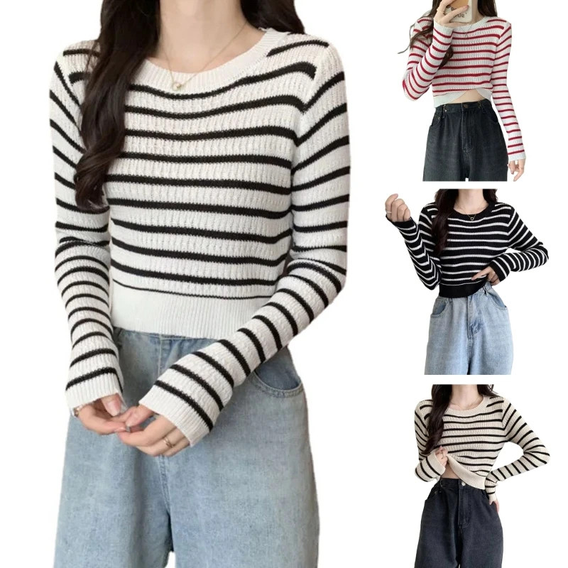 

Women Crew Neck Stripe Knitted T-shirt Casual Long Sleeve Pullover Jumper Tops Girls Spring Autumn Outwear Slim Fitted Sweater