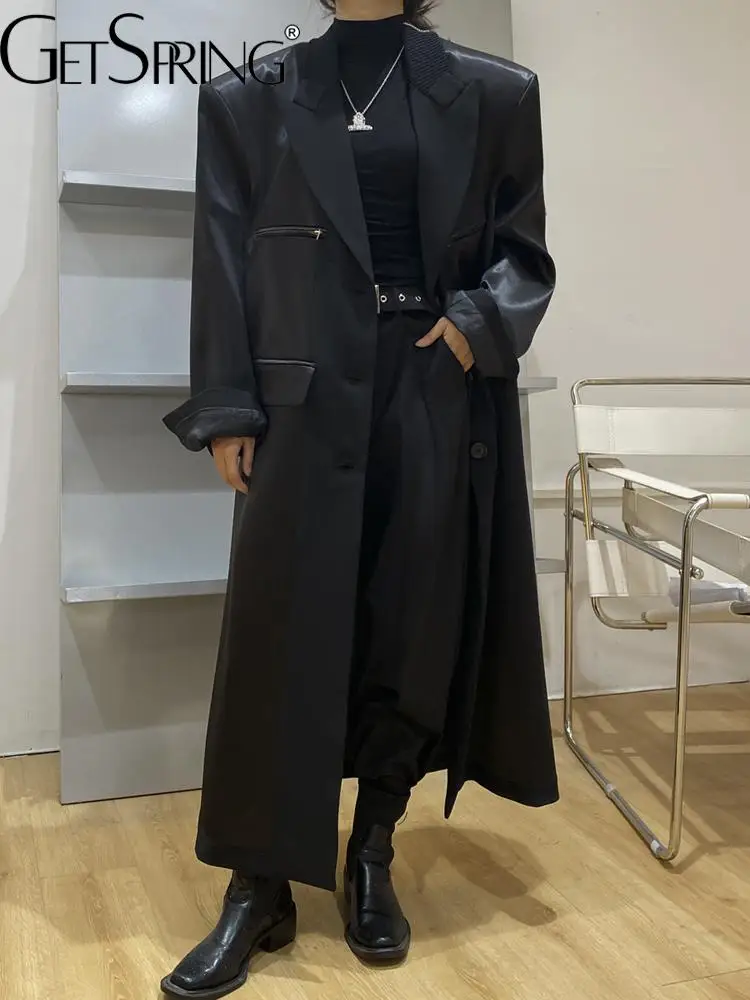 

GetSpring Women Trench Coat Temperament Black Windbreaker Shoulder Padded Zipper Loose Long Female Overcoat Autumn Winter 2022