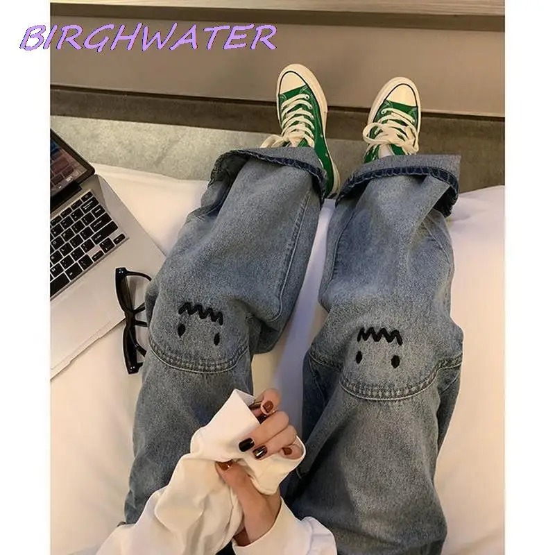 

Джинсы женские с вышивкой в стиле Харадзюку, винтажная уличная одежда, свободные джинсы с завышенной талией, повседневная прямая женская од...