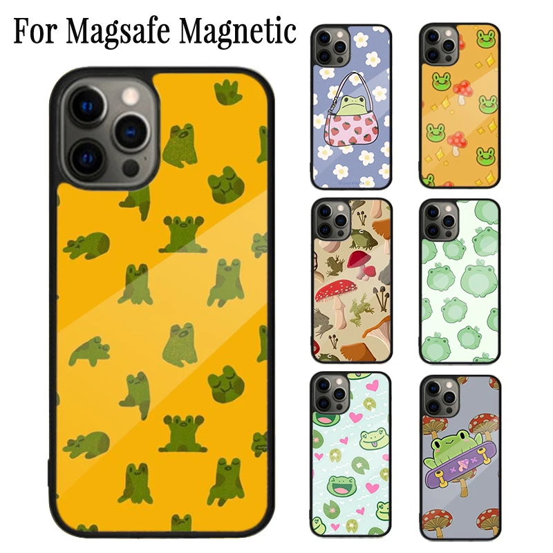 Мятно-зеленый Магнитный телефонный чехол с лягушкой и грибом для iPhone 16 15 14 Plus 13 12