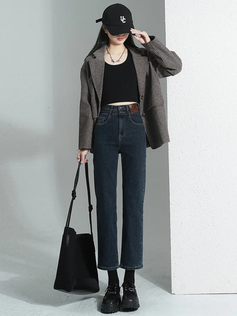 2023 Korean version of new high-waisted slim high-elastic cigarette pants Fleece-lined Jeans for Women  Trousers High Waist Jean