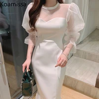 koamissa elegant korean fashion solid long dress womens see through mesh long sleeve evening party dresses vestidos 2022 spring