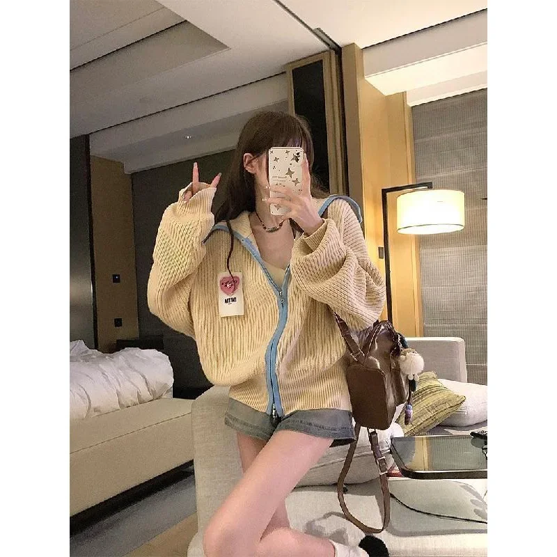 Осенняя Новая Вязаная куртка свободного кроя с капюшоном женская маленькая в