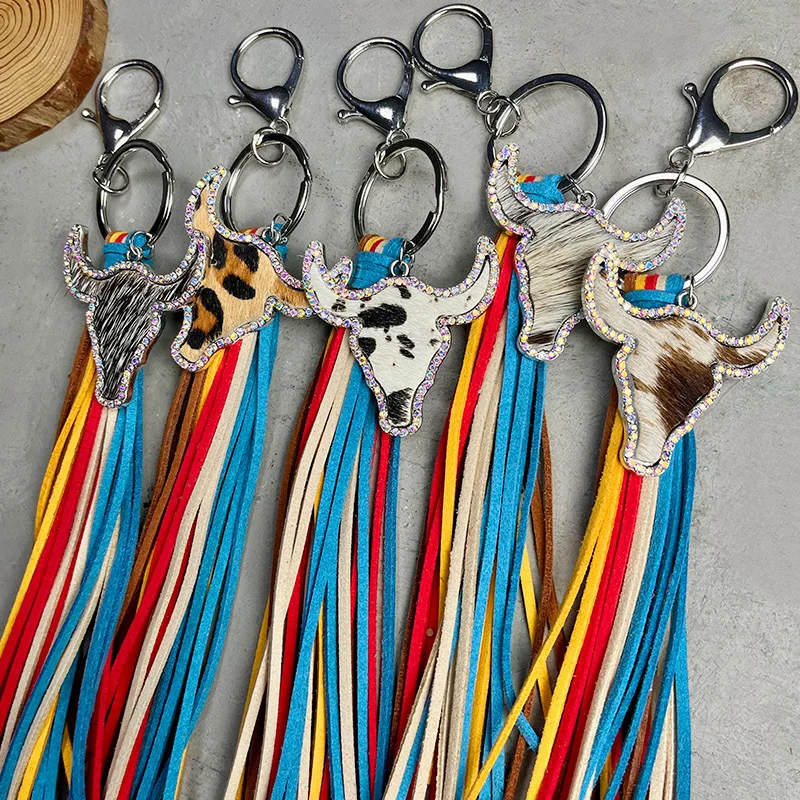 

Texas Longhorn & Tassel Keychain Bag Charm Hippie Boho Gift Bull Skull Leather Key Chain Cowboy Cowgirl ACCESSORIES COW BULL HOR