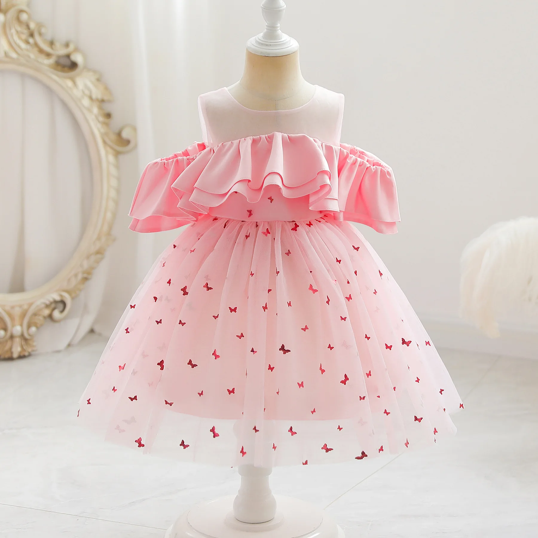 Pink Girls Dress 2023 New Children Clothing Star Sequin Baby Dress Puffy Mesh Princess Dress Flower Girl Dresses Summer Dress