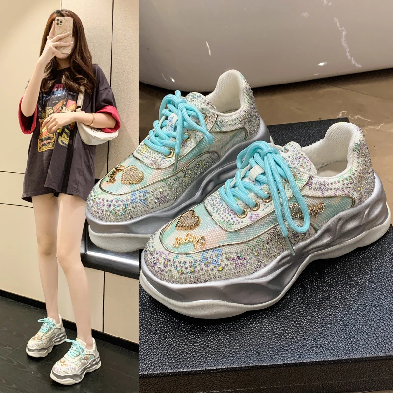 

2022 Spring and Autumn Fashion Rhinestone Women Shoes Breathable Casual Fluorescent Women Shoes Thick-soled Sneakers Daddy Shoes