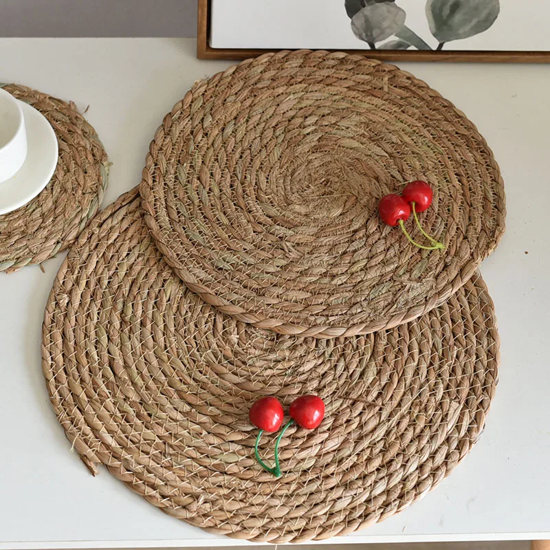 Round Woven Rattan DiningTable Mat Cucurbit Placemats Water Gourd hyacinth Placemat Round Pad Dining Table Mat Straw Cup Coaster