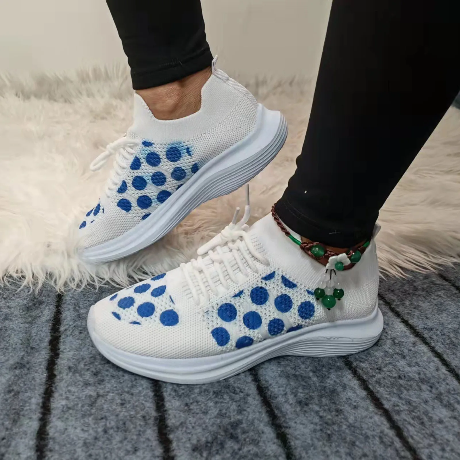 

Mesh Sneakers Women White Dots Flat Shoes Heel Fashion Sneakers Lace Up Breathable Mesh Casual Ladies Women's Sneakers