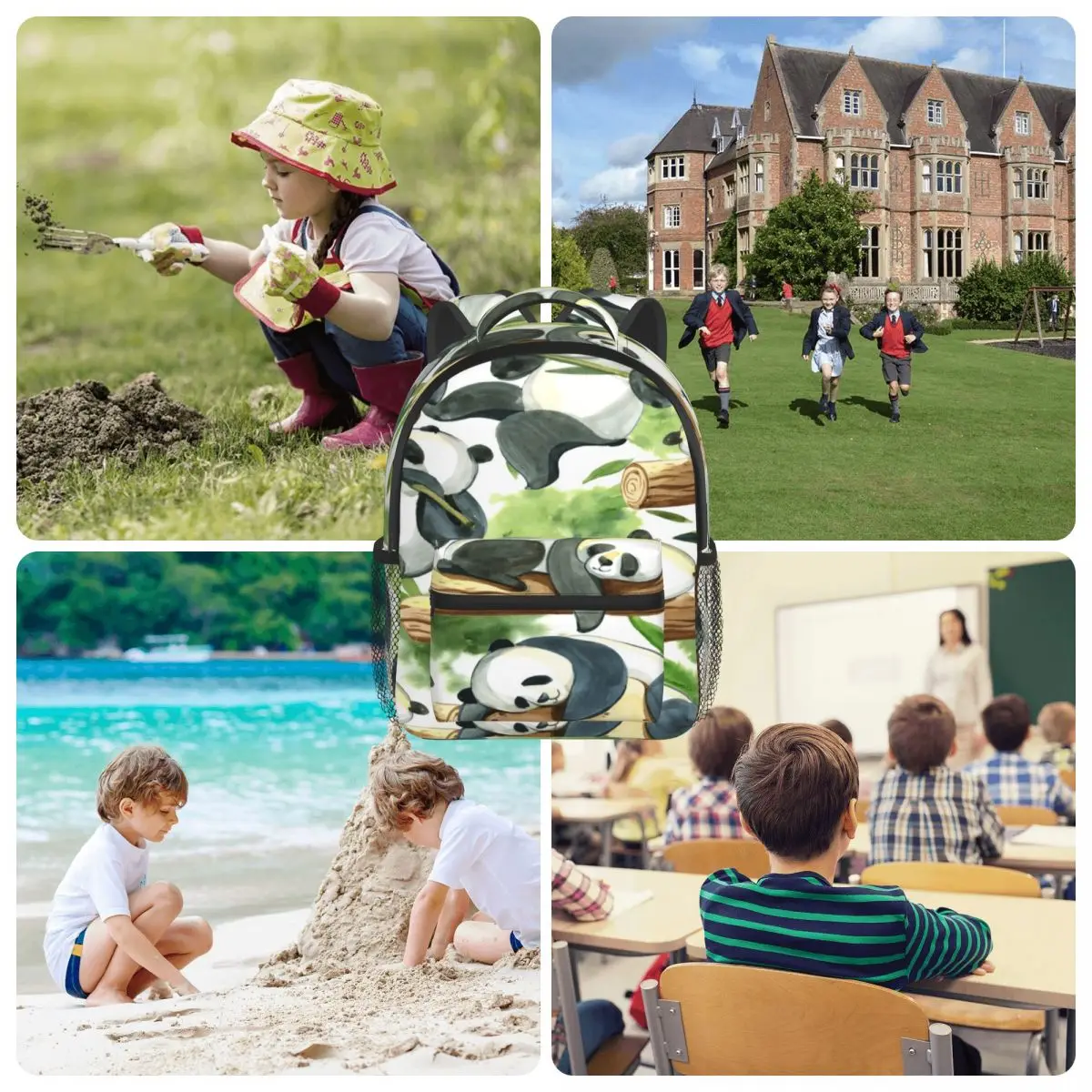 Детский рюкзак с милыми пандами и зелеными брызгами листьями для детского сада