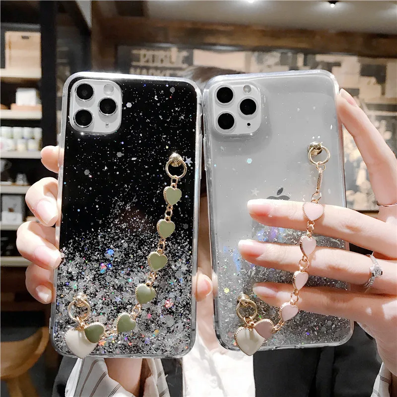 Блестящий чехол с браслетом для телефона IPhone 12 11 Pro Max XR X XS Mini блестящий звездой 7 8 9