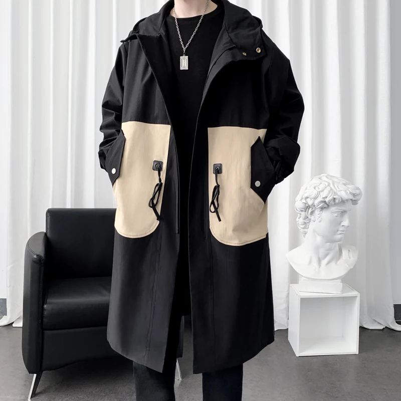 

2022 New Spring Men Trench Coat Fashion Patchwork Streetwear Hooded Windbreaker Slim Fit Overcoat Outwear Men