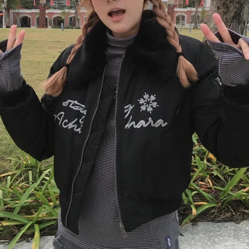 Kimutomo куртки женские парки со стразами и буквами зимние винтажные меховые