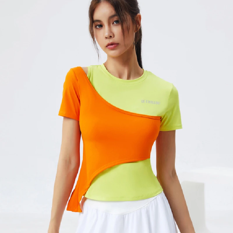Women Running T Shirts Contrast color 2 in 1 Short Sleeves Quick Dry Sport Shirt Gym Fitness Training Tees Yoga Jogging Tops