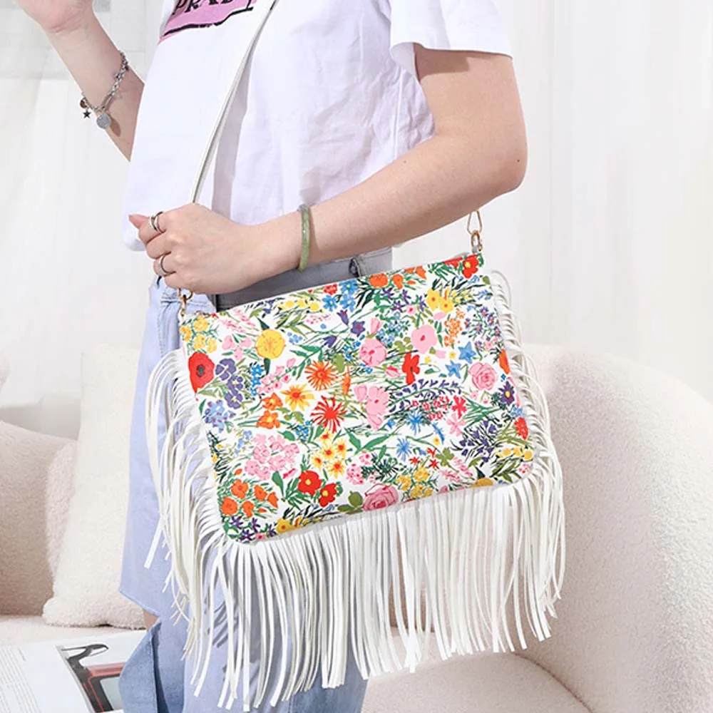 Vintage PU Leather Shoulder Bags Women Luxury Designer Rose Print Tassels Messenger Bag Female Fashion Versatile Crossbody Bag