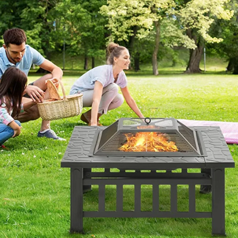 Fire Pit Table with Grate Shelf, New Square Firepit for Heater BBQ, Ice Pit, Camping Brazier for Garden Patio Outdoor with Cover