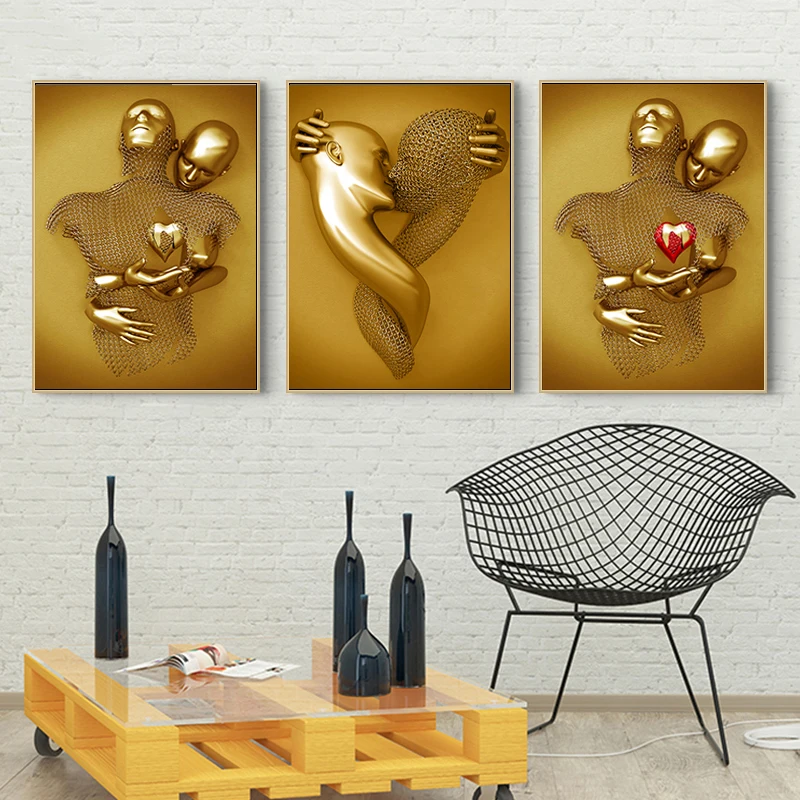 

Golden Metal Figure Statue Wall Art Canvas Painting Romantic Couples Lover Sculpture Aesthetic Poster Living Room Decoration