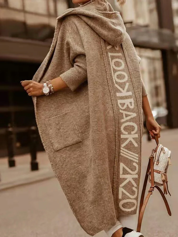 Женская свободная верхняя одежда с капюшоном и надписью длинный женский