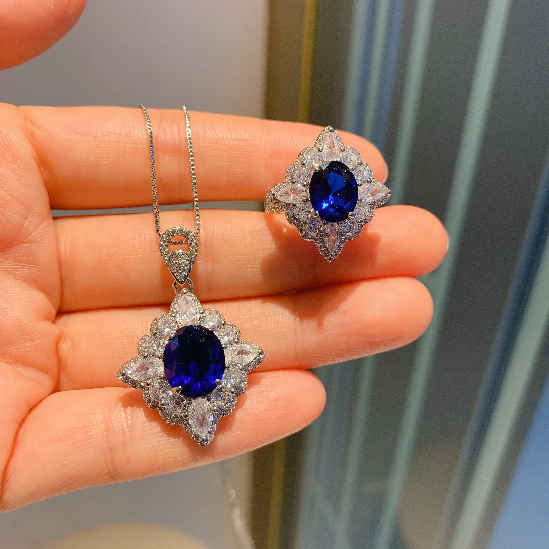 SRJewelry в Европе и Америке искусственное синее колье набор колец из основного камня