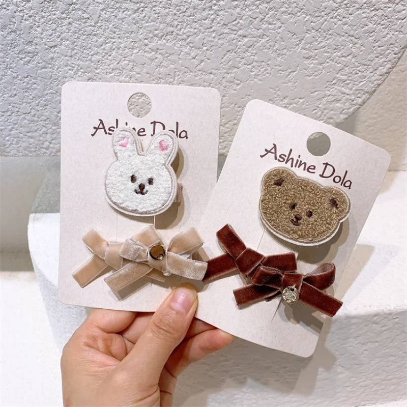 

2pcs/set Kawaii Coffee White Baby Hairpins Bunny Bear Bow Velvet Hair Pin Fabric Bang Side Clip for Kids Girl Accessories Gift