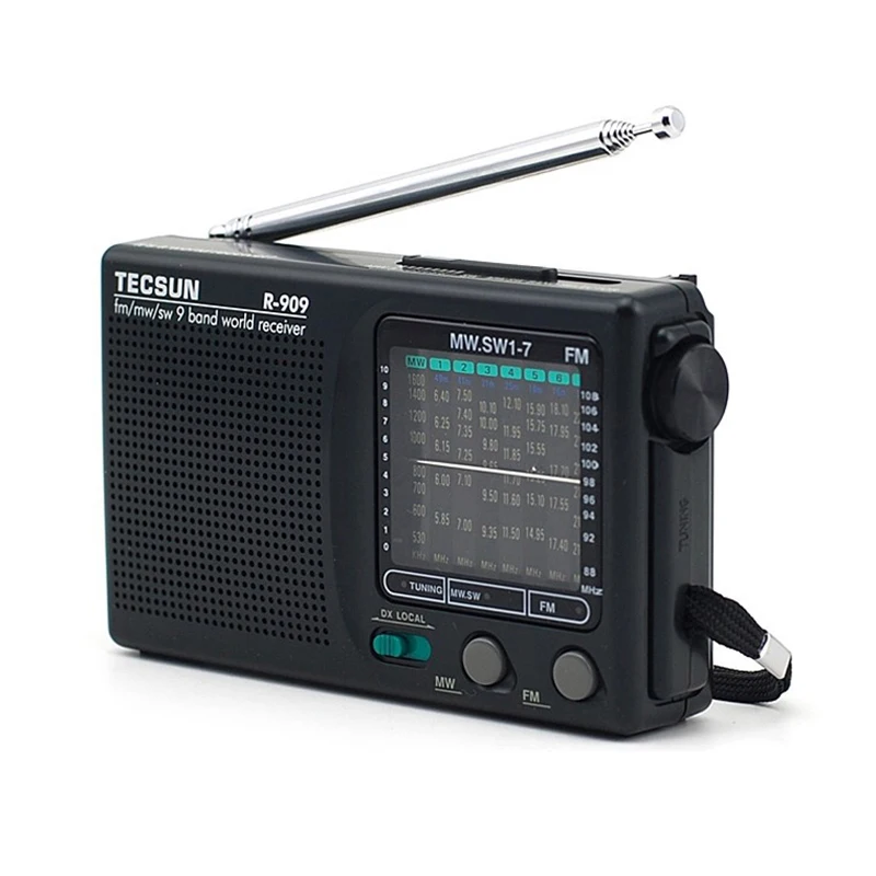TECSUN R-909 Portable Radio AM FM Radio FM MW(AM) SW(Shortwave) 9 Bands World Receiver Dual Channel Headphones