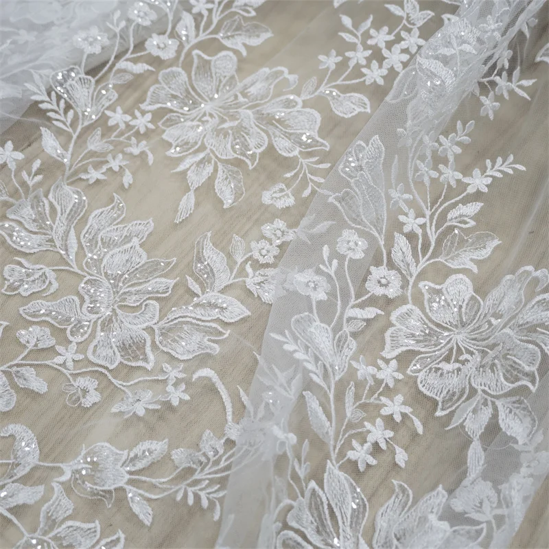 Кружевная ткань 1 ярд цвета слоновой кости с блестками и лепестками сетчатая