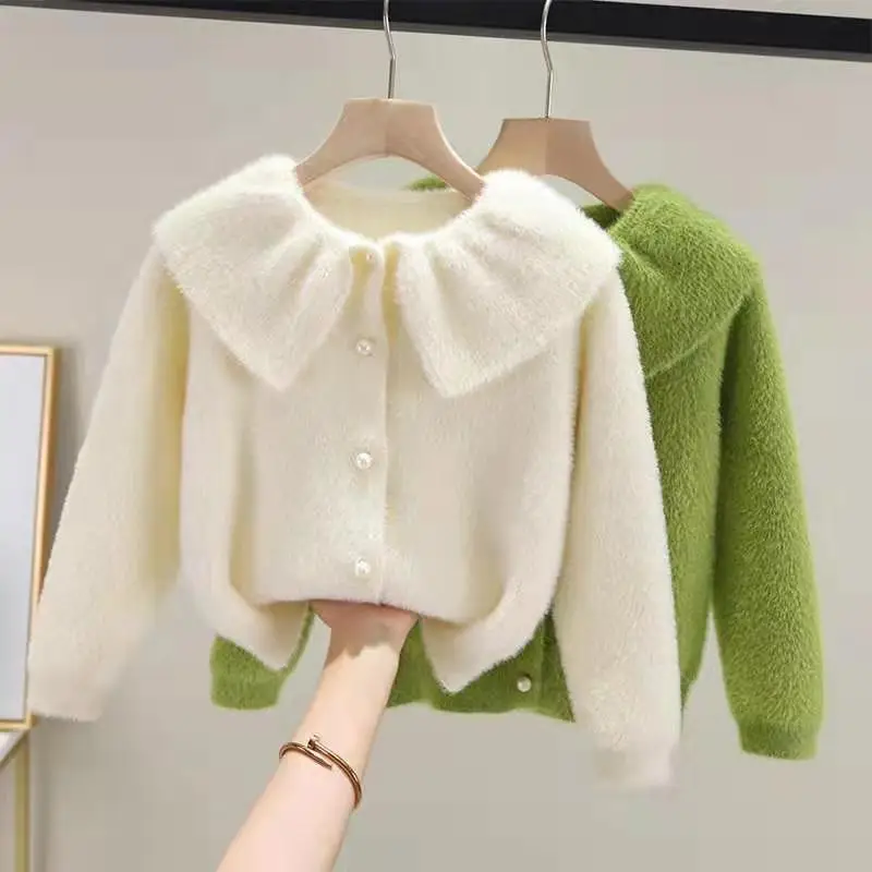 

Весенний свитер для девочек из искусственного меха норки пальто в Корейском стиле новинка 2022 осенний Детский кардиган тонкий свитер в западном стиле